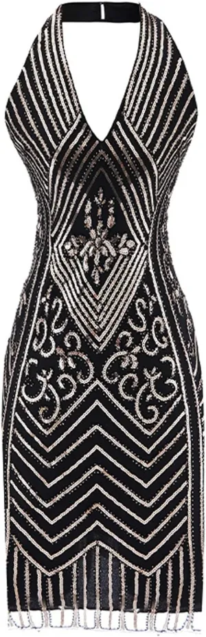 1920 Style Dresses for Women Gatsby Sexy Halter Neck Plus Szie Dress Roaring 20s Art Deco Cocktail Party Dresses