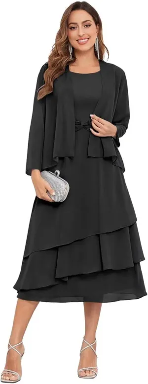 2 Piece Tea Length Mother of The Bride Dresses for Wedding with Jacket Chiffon Tiered Formal Wedding Party Dress
