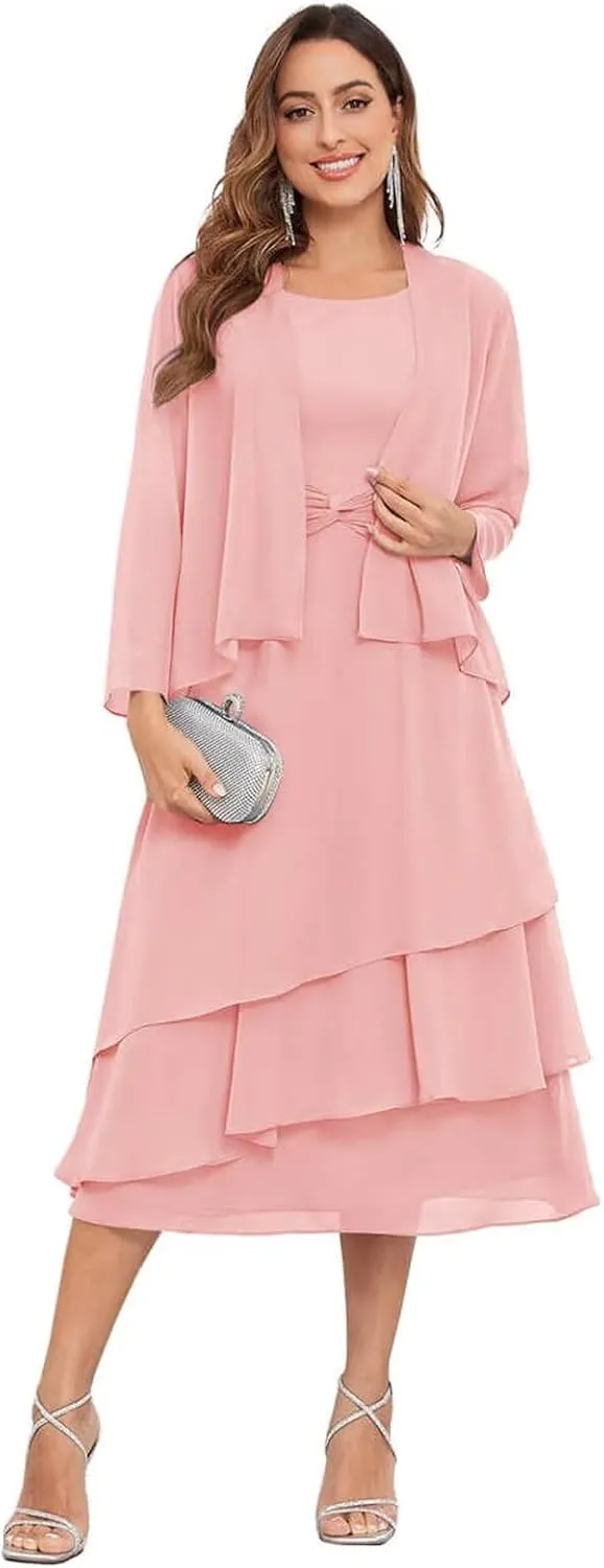 2 Piece Tea Length Mother of The Bride Dresses for Wedding with Jacket Chiffon Tiered Formal Wedding Party Dress