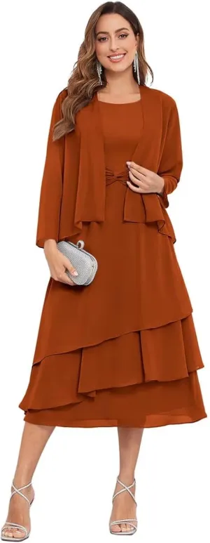 2 Piece Tea Length Mother of The Bride Dresses for Wedding with Jacket Chiffon Tiered Formal Wedding Party Dress