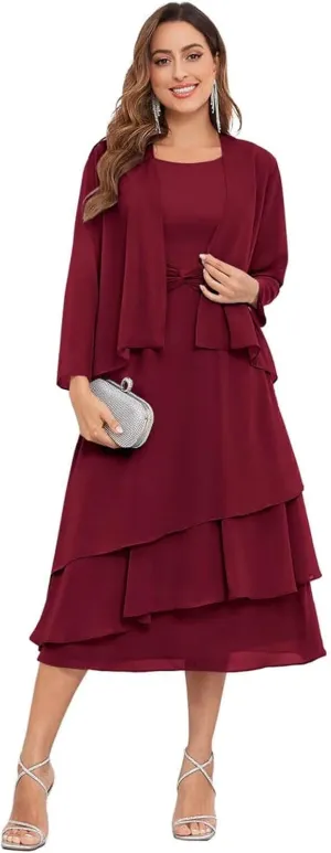 2 Piece Tea Length Mother of The Bride Dresses for Wedding with Jacket Chiffon Tiered Formal Wedding Party Dress