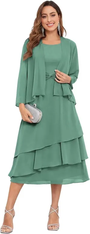 2 Piece Tea Length Mother of The Bride Dresses for Wedding with Jacket Chiffon Tiered Formal Wedding Party Dress