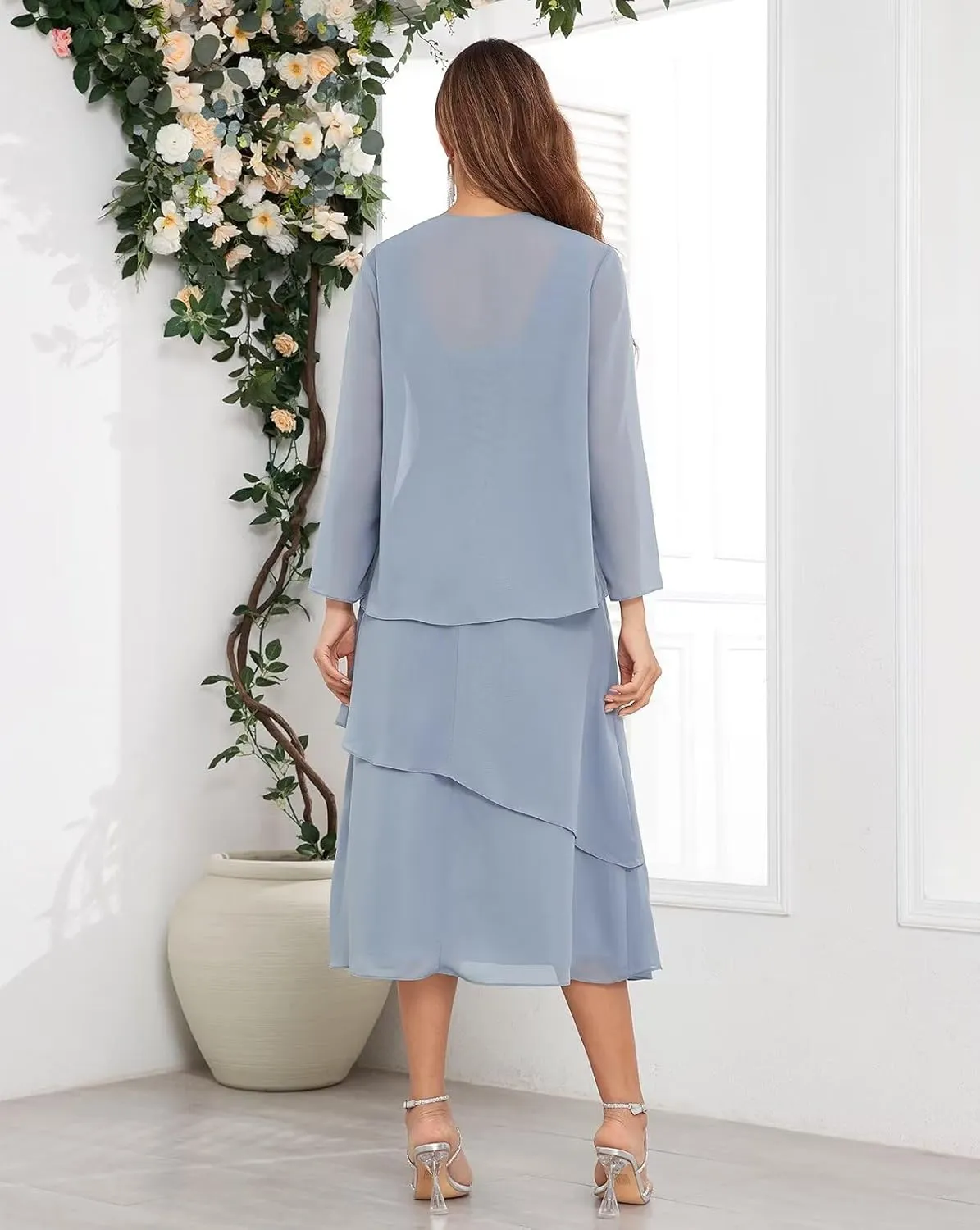 2 Piece Tea Length Mother of The Bride Dresses for Wedding with Jacket Chiffon Tiered Formal Wedding Party Dress