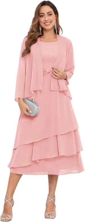 2 Piece Tea Length Mother of The Bride Dresses for Wedding with Jacket Chiffon Tiered Formal Wedding Party Dress
