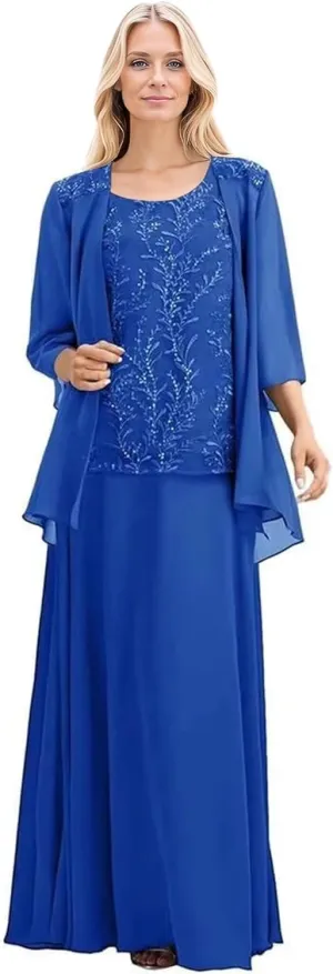 2 Pieces Mother of The Bride Dresses for Wedding 3/4 Long Sleeves Chiffon Formal Dress for Women 2025