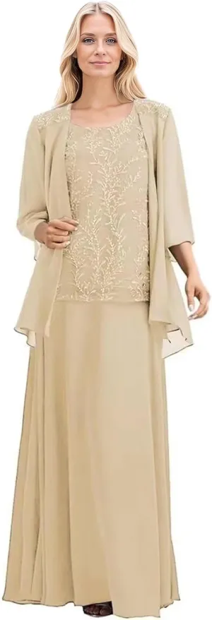 2 Pieces Mother of The Bride Dresses for Wedding 3/4 Long Sleeves Chiffon Formal Dress for Women 2025