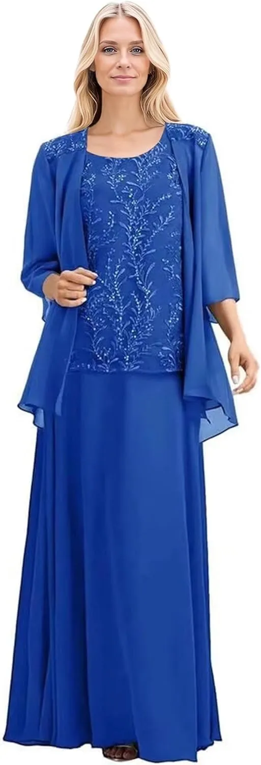 2 Pieces Mother of The Bride Dresses for Wedding 3/4 Long Sleeves Chiffon Formal Dress for Women 2025