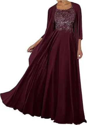 2 Pieces Mother of The Bride Dresses for Wedding Long 3/4 Sleeve Formal Outfits for Women with Jackets
