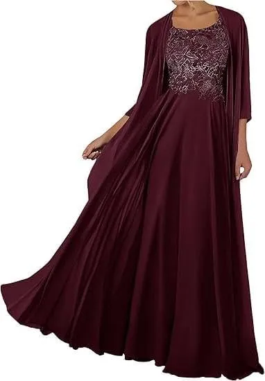 2 Pieces Mother of The Bride Dresses for Wedding Long 3/4 Sleeve Formal Outfits for Women with Jackets