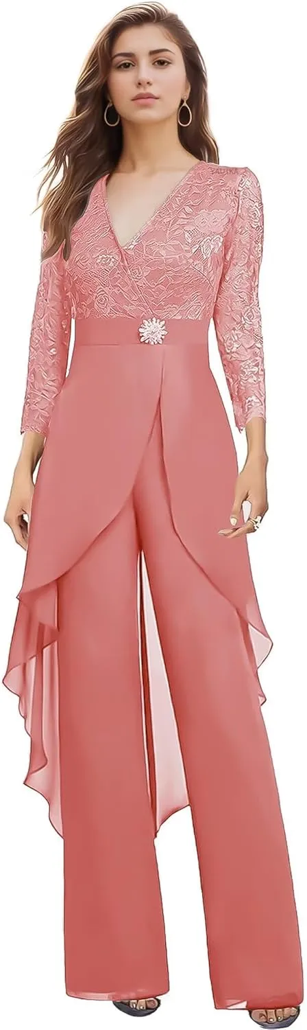 2 Pieces Mother of The Bride Pant Suits for Wedding Long Sleeve Chiffon Lace V Neck Pant Suits for Women Dressy
