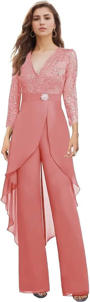 2 Pieces Mother of The Bride Pant Suits for Wedding Long Sleeve Chiffon Lace V Neck Pant Suits for Women Dressy