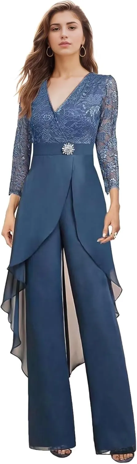 2 Pieces Mother of The Bride Pant Suits for Wedding Long Sleeve Chiffon Lace V Neck Pant Suits for Women Dressy