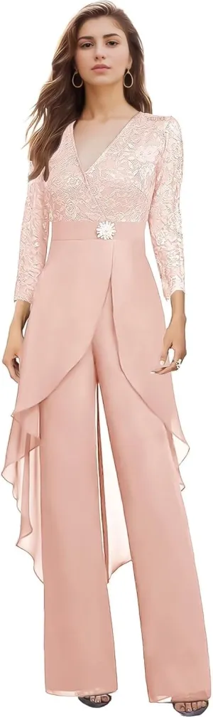 2 Pieces Mother of The Bride Pant Suits for Wedding Long Sleeve Chiffon Lace V Neck Pant Suits for Women Dressy