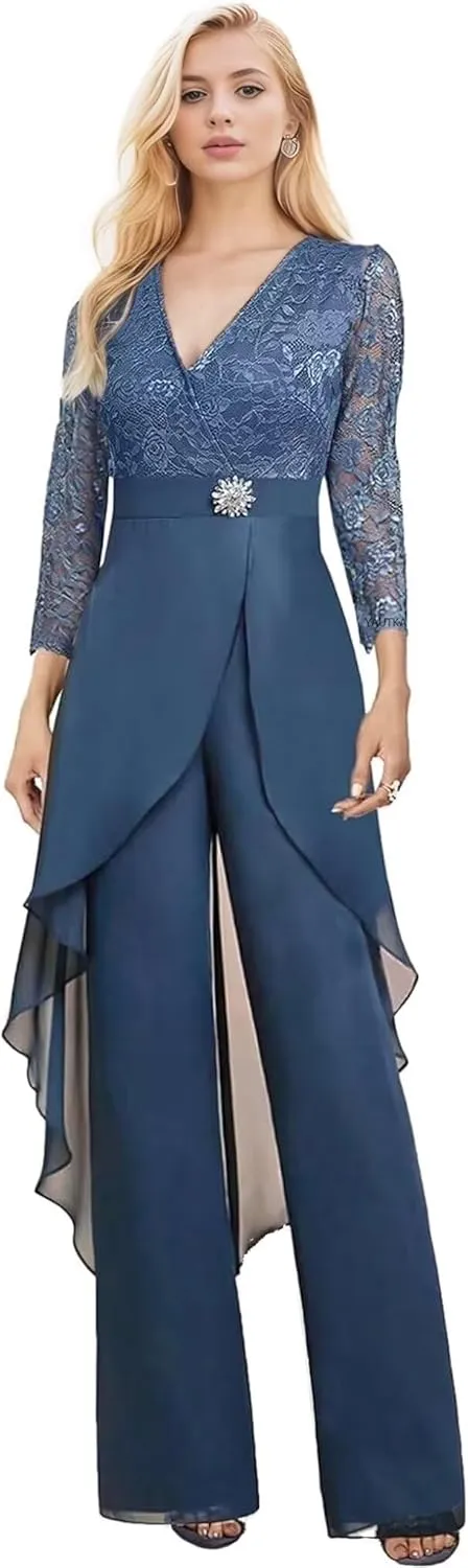 2 Pieces Mother of The Bride Pant Suits for Wedding Long Sleeve Chiffon Lace V Neck Pant Suits for Women Dressy