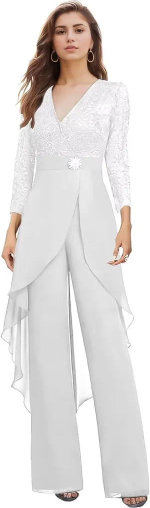 2 Pieces Mother of The Bride Pant Suits for Wedding Long Sleeve Chiffon Lace V Neck Pant Suits for Women Dressy