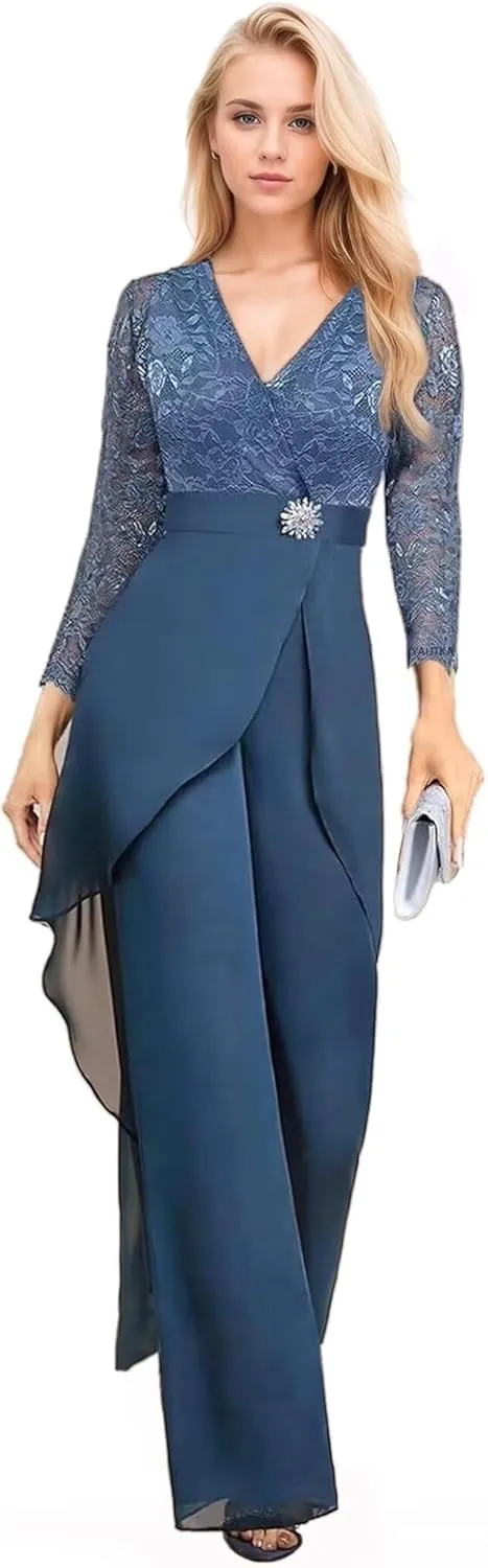 2 Pieces Mother of The Bride Pant Suits for Wedding Long Sleeve Chiffon Lace V Neck Pant Suits for Women Dressy