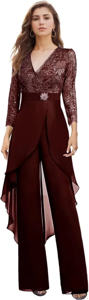 2 Pieces Mother of The Bride Pant Suits for Wedding Long Sleeve Chiffon Lace V Neck Pant Suits for Women Dressy