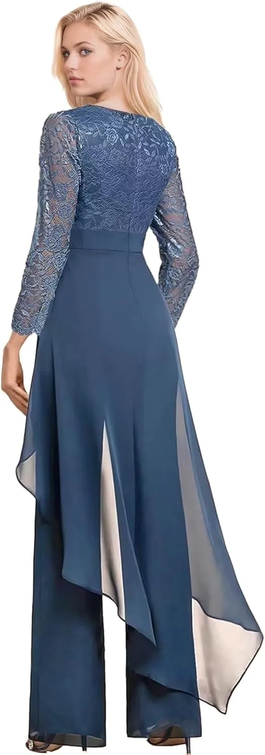 2 Pieces Mother of The Bride Pant Suits for Wedding Long Sleeve Chiffon Lace V Neck Pant Suits for Women Dressy