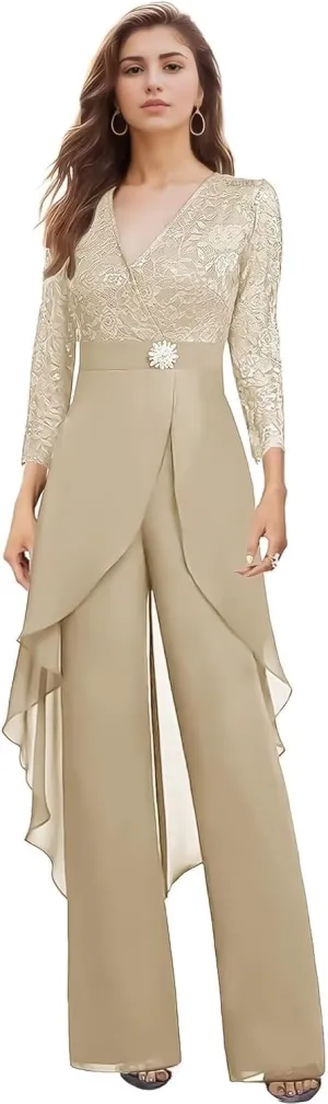2 Pieces Mother of The Bride Pant Suits for Wedding Long Sleeve Chiffon Lace V Neck Pant Suits for Women Dressy