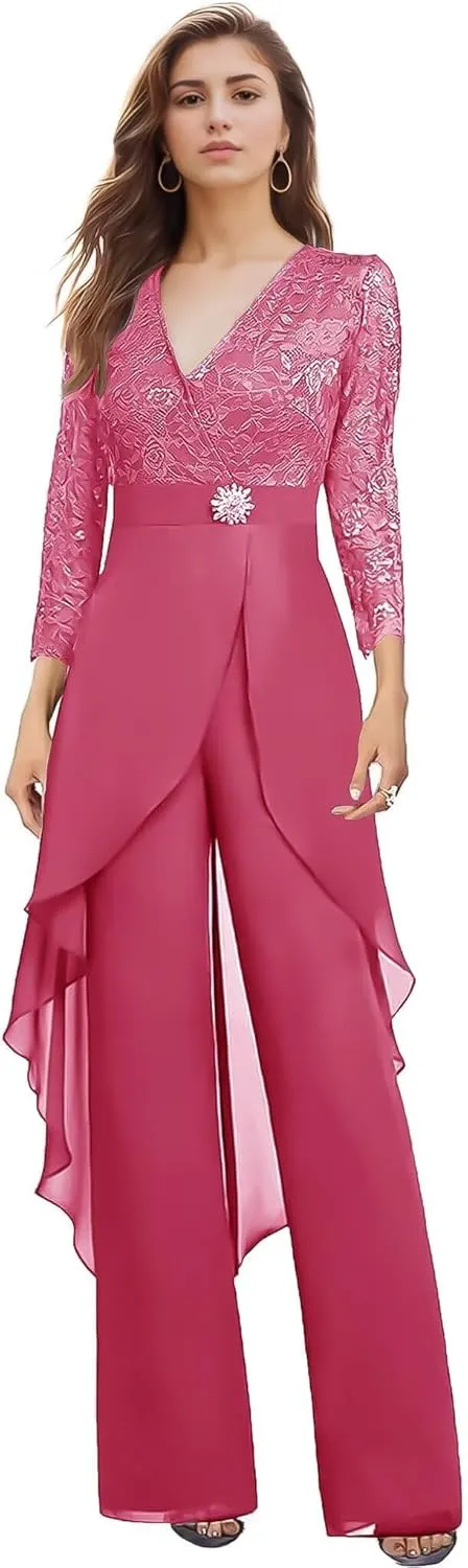 2 Pieces Mother of The Bride Pant Suits for Wedding Long Sleeve Chiffon Lace V Neck Pant Suits for Women Dressy