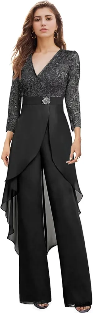 2 Pieces Mother of The Bride Pant Suits for Wedding Long Sleeve Chiffon Lace V Neck Pant Suits for Women Dressy