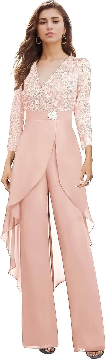 2 Pieces Mother of The Bride Pant Suits for Wedding Long Sleeve Chiffon Lace V Neck Pant Suits for Women Dressy