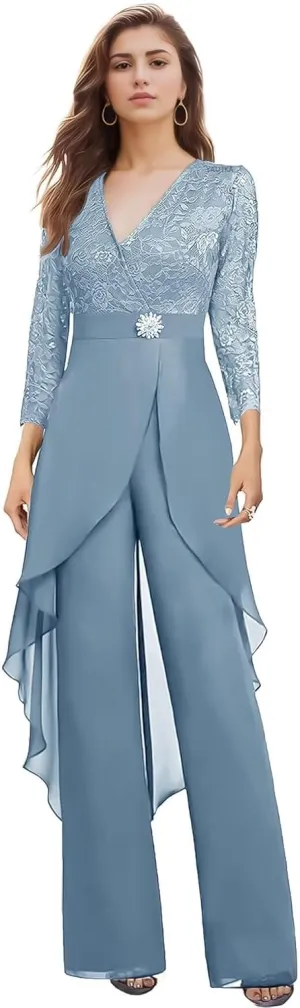 2 Pieces Mother of The Bride Pant Suits for Wedding Long Sleeve Chiffon Lace V Neck Pant Suits for Women Dressy