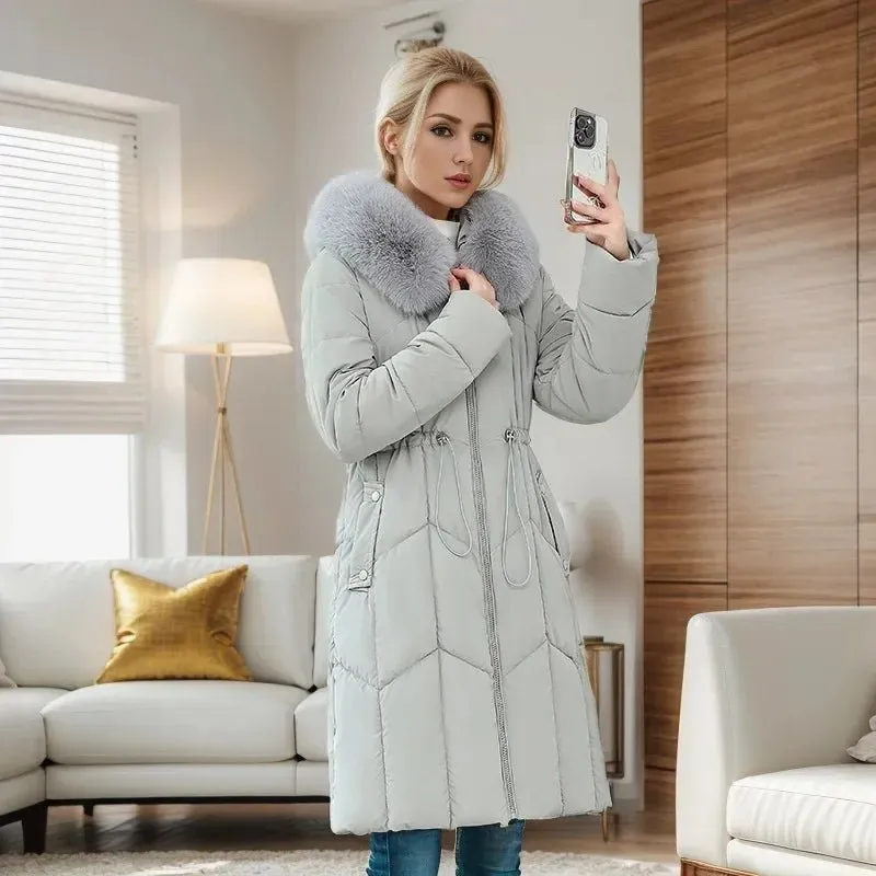2024 Winter Damen gepolsterte Jacken mittellange modische Kapuze großen Pelz kragen locker dick ein Taille-Cinch-Down-Baumwoll mantel