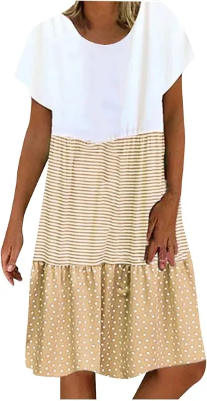 2025 Boho Dresses for Women Trendy Casual Short Sleeve Summer Tshirt Dress Plus Size Colorblock Swing Midi Sundress