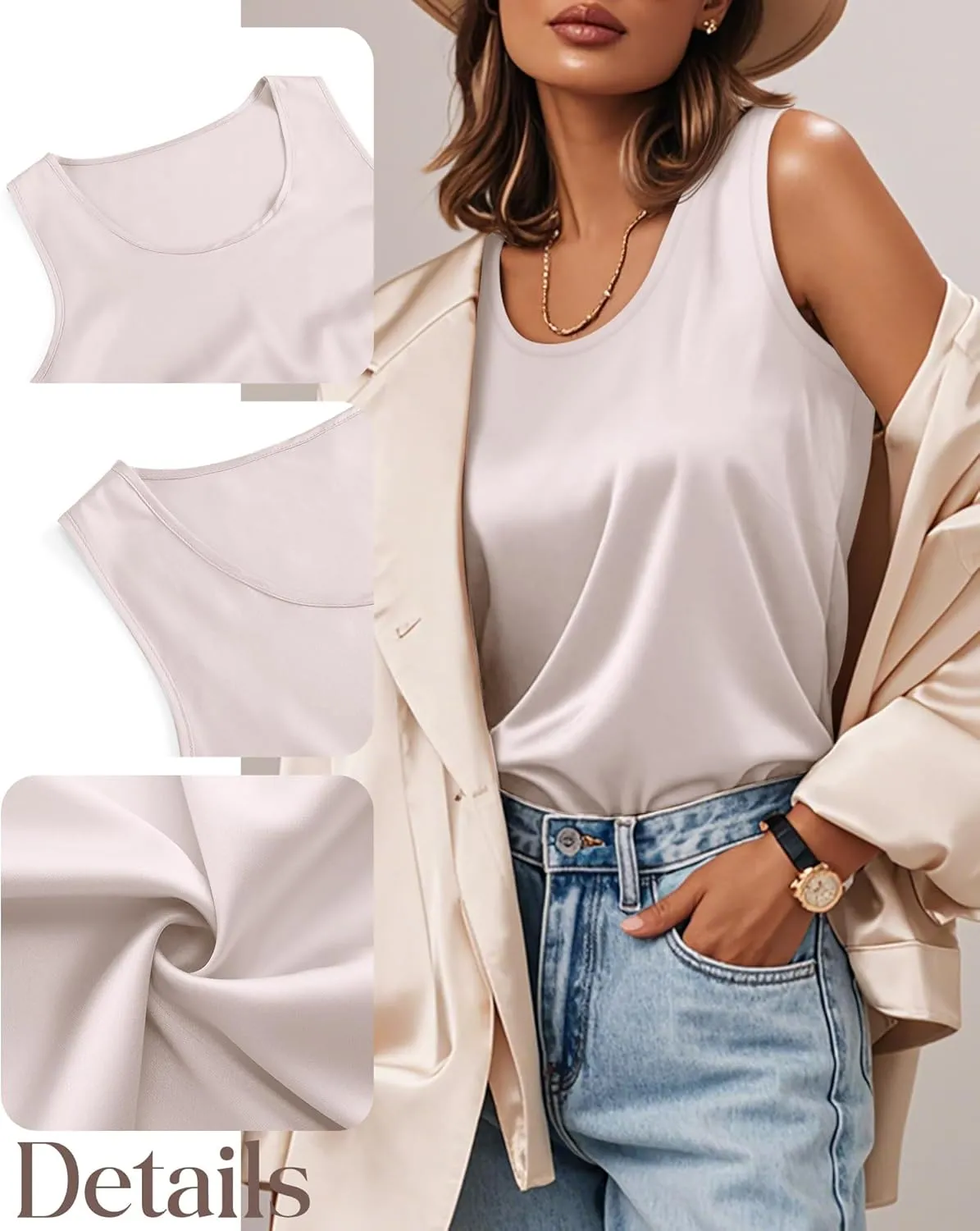 3 Pack Women's Silk Satin Tank Tops Scoop Neck Sleeveless Vest Summer Casual Camisole Blouses Loose Basic Shirt