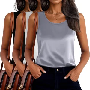3 Pack Women's Silk Satin Tank Tops Scoop Neck Sleeveless Vest Summer Casual Camisole Blouses Loose Basic Shirt