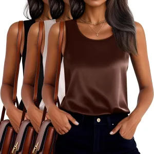 3 Pack Women's Silk Satin Tank Tops Scoop Neck Sleeveless Vest Summer Casual Camisole Blouses Loose Basic Shirt