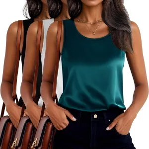 3 Pack Women's Silk Satin Tank Tops Scoop Neck Sleeveless Vest Summer Casual Camisole Blouses Loose Basic Shirt