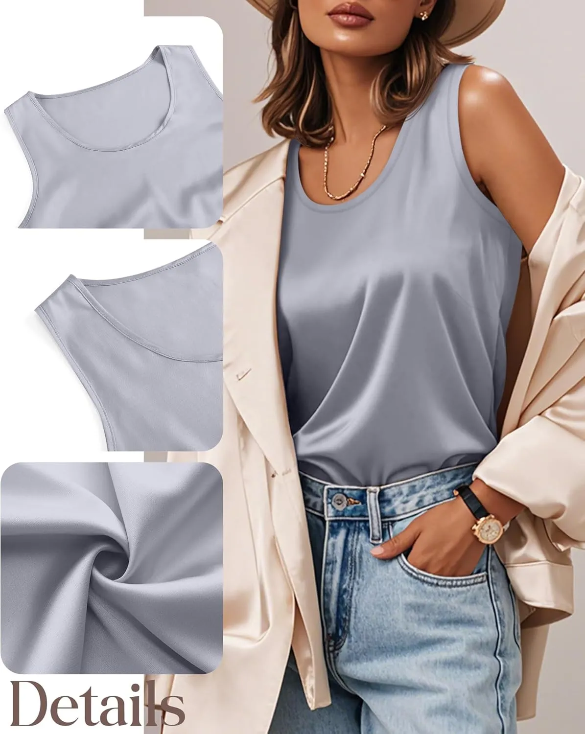 3 Pack Women's Silk Satin Tank Tops Scoop Neck Sleeveless Vest Summer Casual Camisole Blouses Loose Basic Shirt
