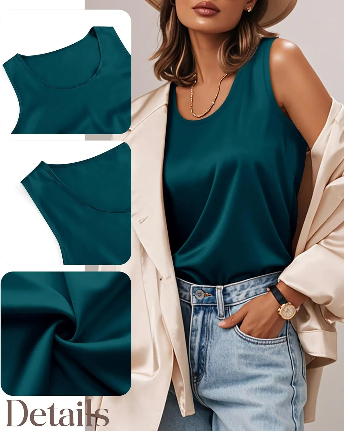 3 Pack Women's Silk Satin Tank Tops Scoop Neck Sleeveless Vest Summer Casual Camisole Blouses Loose Basic Shirt