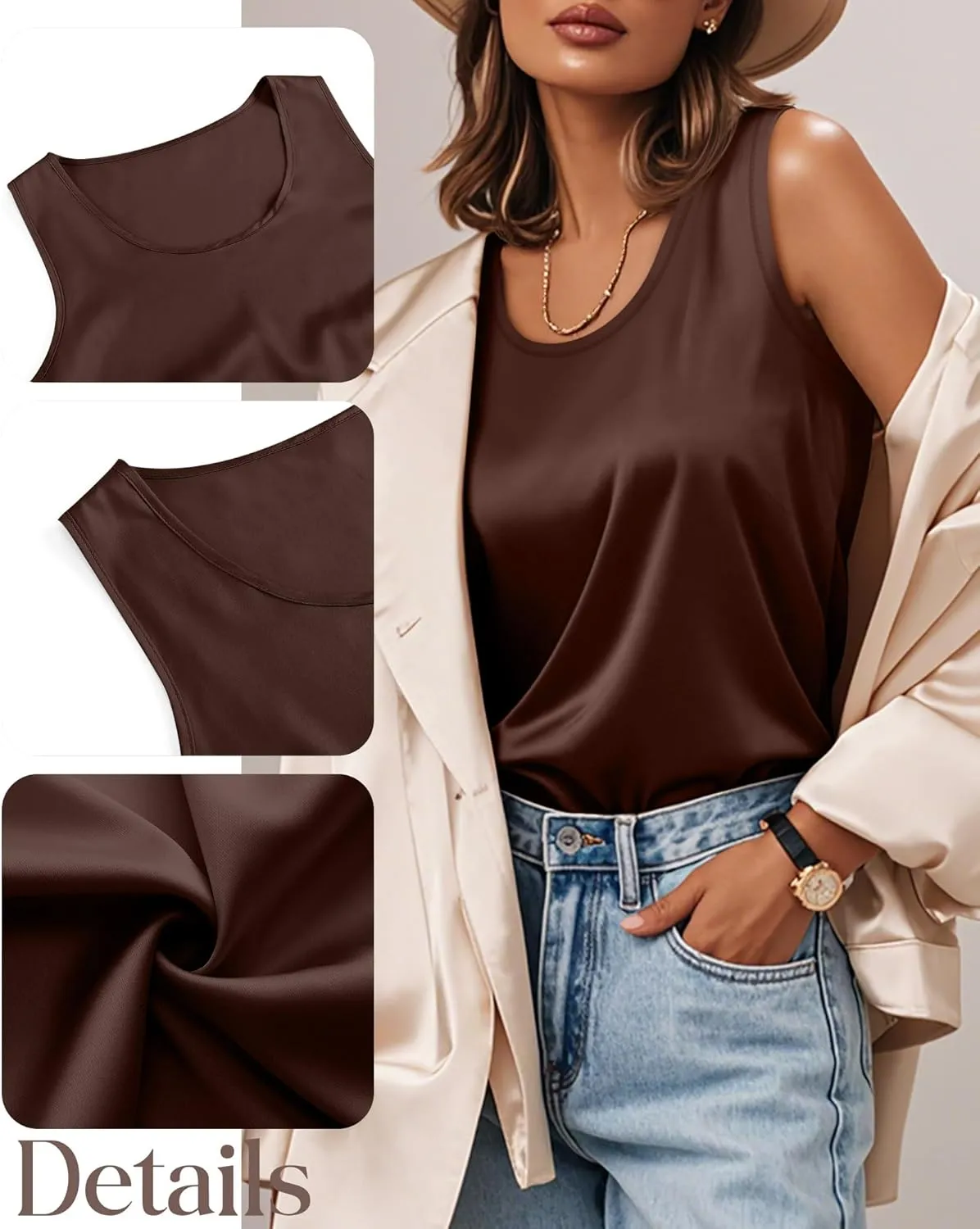 3 Pack Women's Silk Satin Tank Tops Scoop Neck Sleeveless Vest Summer Casual Camisole Blouses Loose Basic Shirt