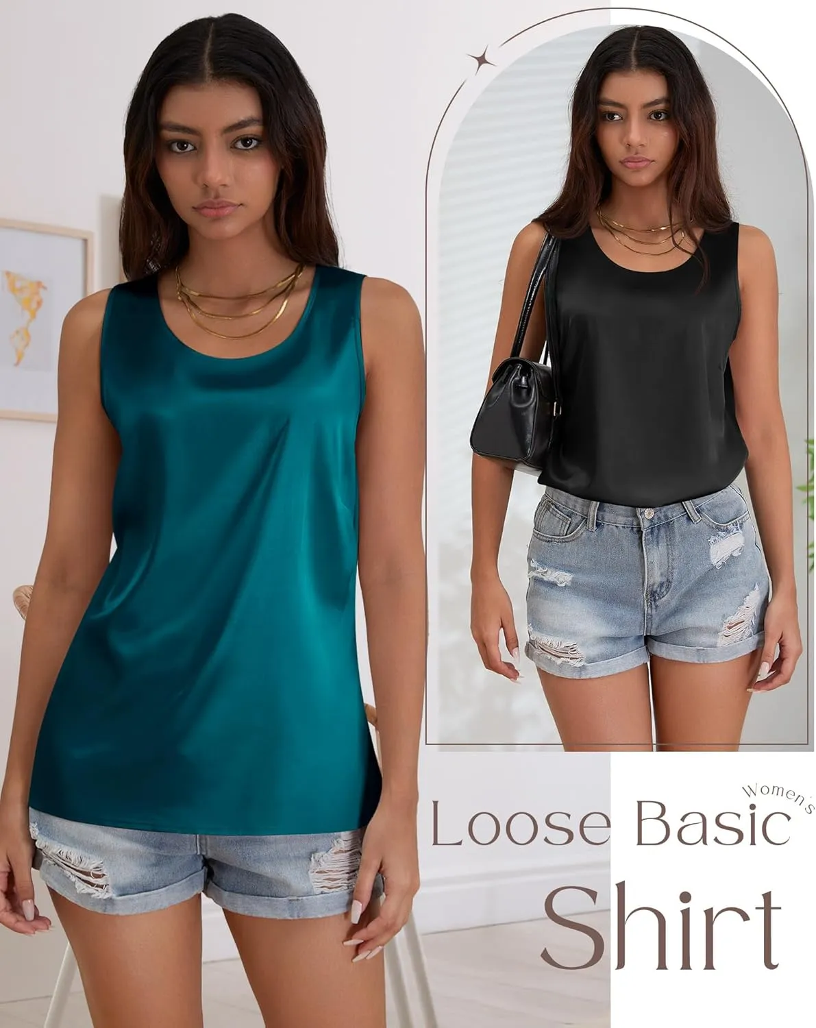 3 Pack Women's Silk Satin Tank Tops Scoop Neck Sleeveless Vest Summer Casual Camisole Blouses Loose Basic Shirt