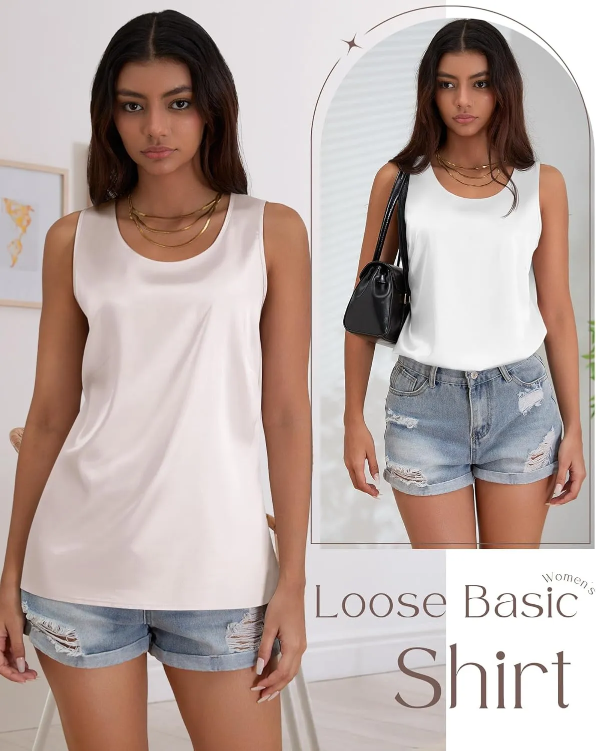 3 Pack Women's Silk Satin Tank Tops Scoop Neck Sleeveless Vest Summer Casual Camisole Blouses Loose Basic Shirt