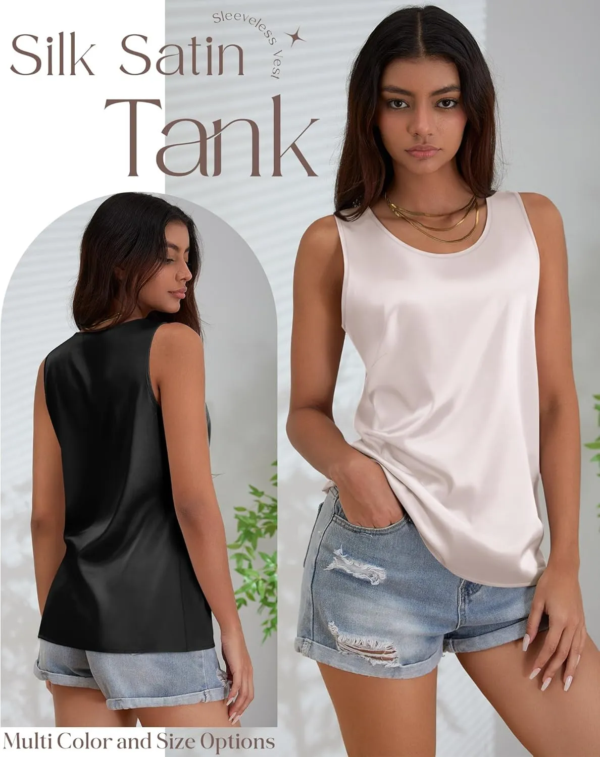 3 Pack Women's Silk Satin Tank Tops Scoop Neck Sleeveless Vest Summer Casual Camisole Blouses Loose Basic Shirt