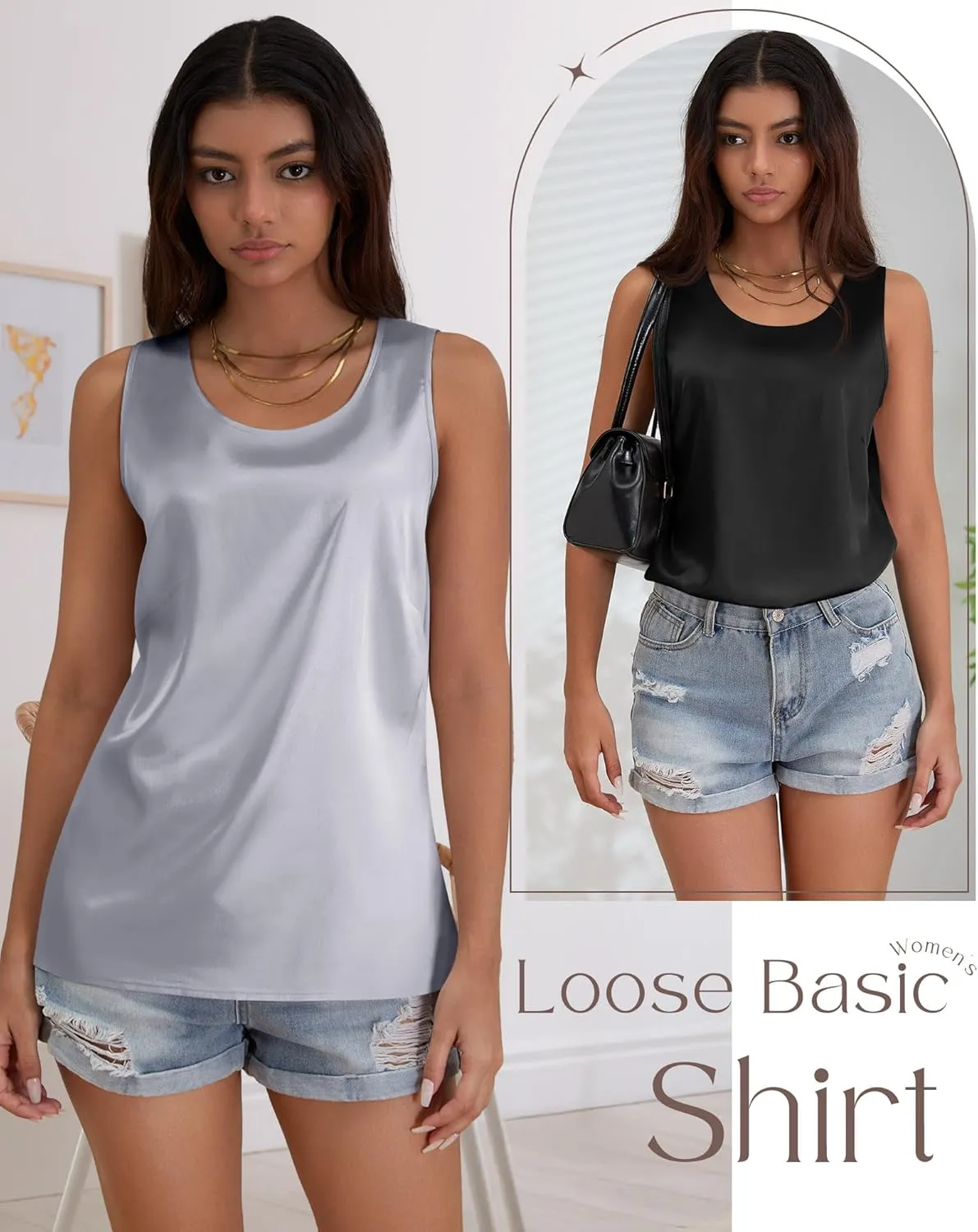 3 Pack Women's Silk Satin Tank Tops Scoop Neck Sleeveless Vest Summer Casual Camisole Blouses Loose Basic Shirt