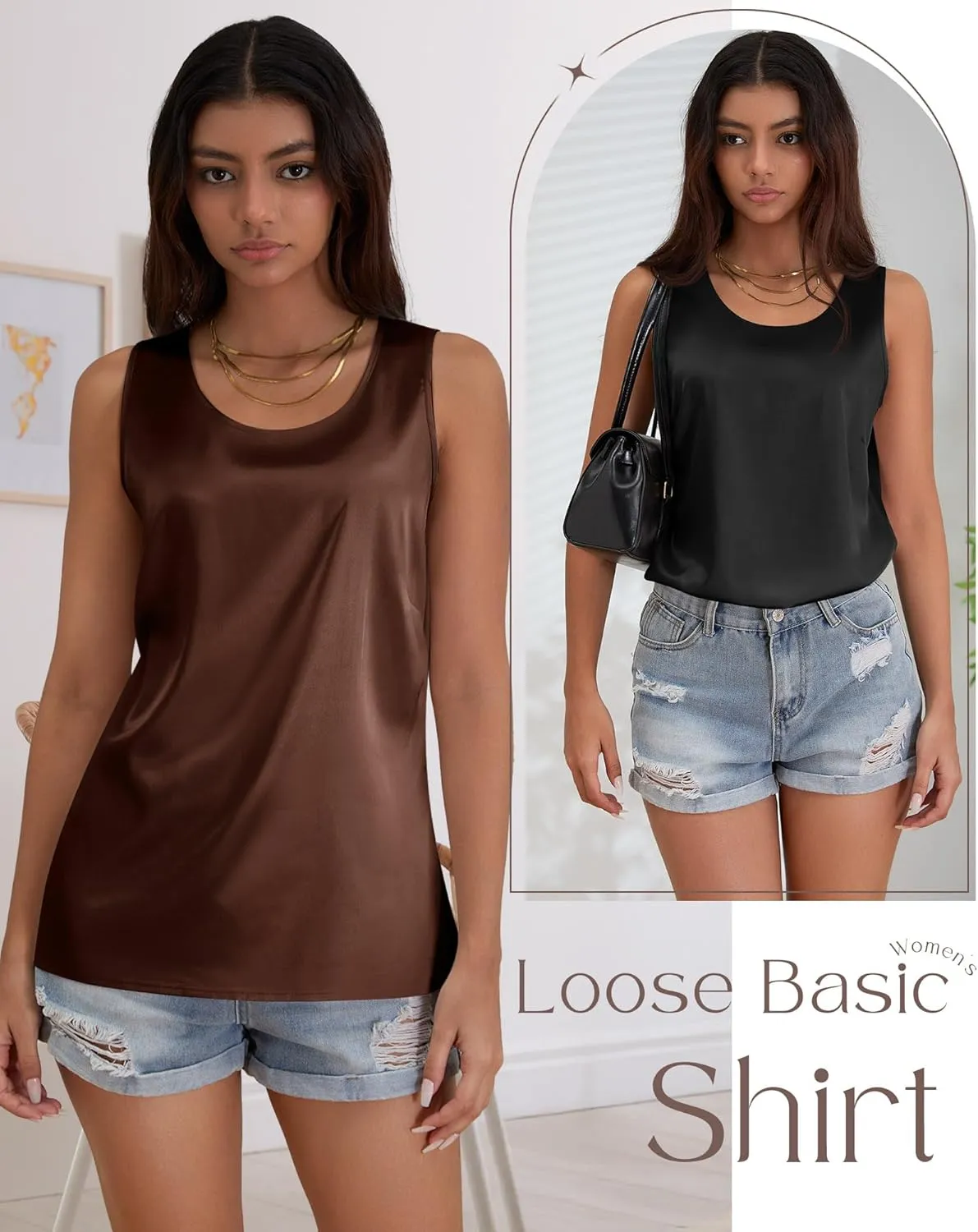 3 Pack Women's Silk Satin Tank Tops Scoop Neck Sleeveless Vest Summer Casual Camisole Blouses Loose Basic Shirt