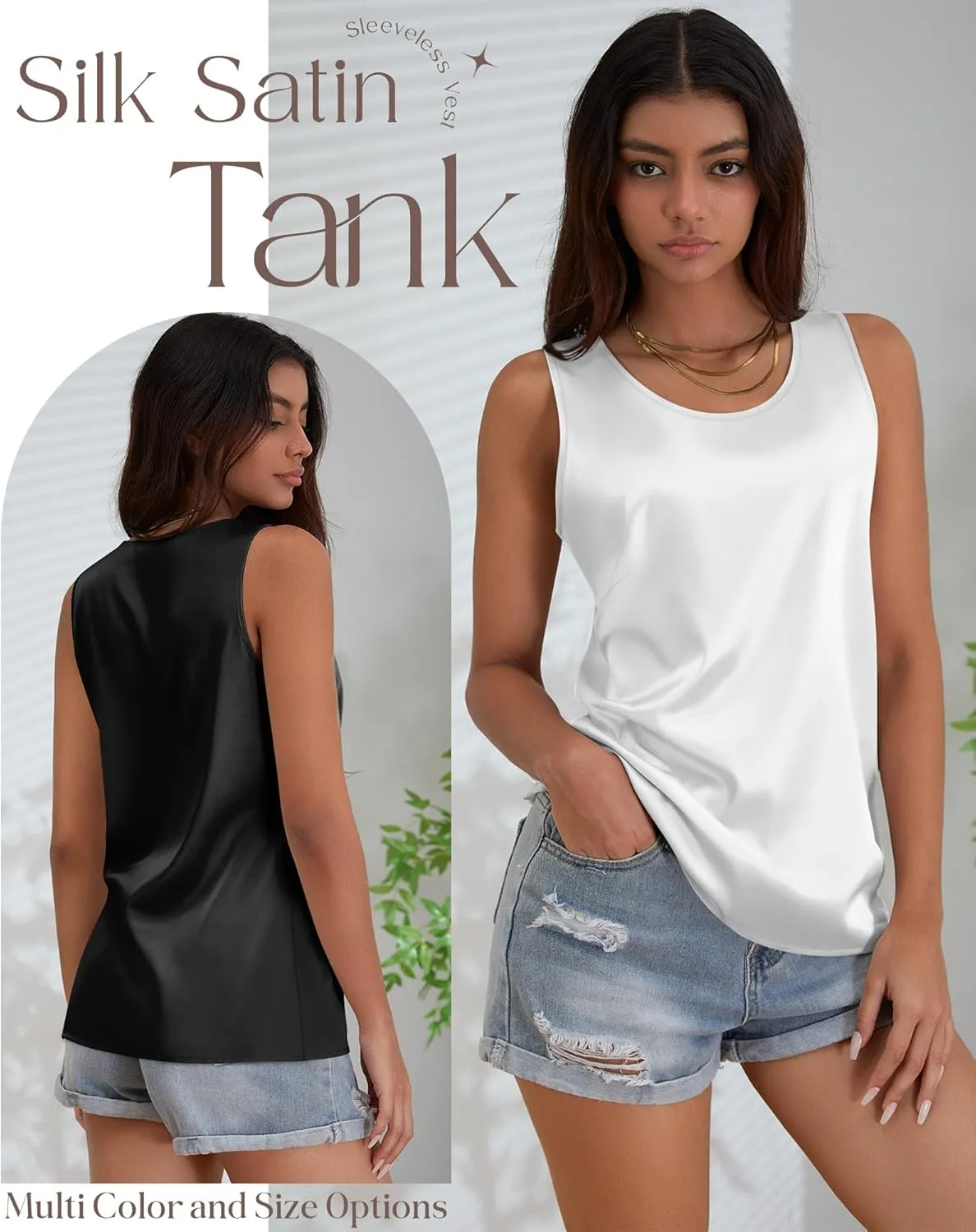 3 Pack Women's Silk Satin Tank Tops Scoop Neck Sleeveless Vest Summer Casual Camisole Blouses Loose Basic Shirt
