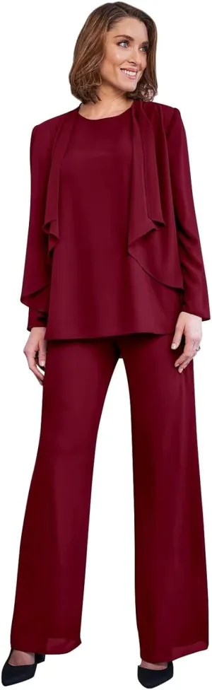 3 Pieces Mother of The Bride Pant Suits for Wedding Long Sleeve Chiffon Formal Outfits for Women 2025 with Jackets