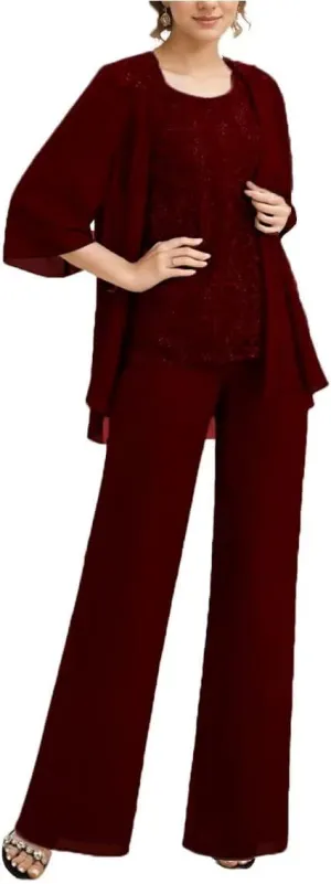 3 Pieces Mother of The Bride Pantsuits for Wedding Long Chiffon Lace Formal Outfits for Women 2024 with Jacket
