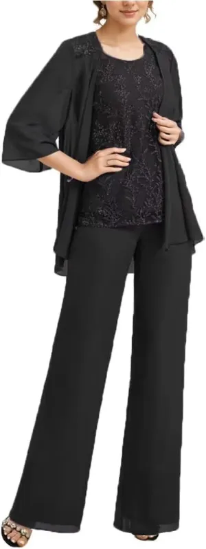 3 Pieces Mother of The Bride Pantsuits for Wedding Long Chiffon Lace Formal Outfits for Women 2024 with Jacket