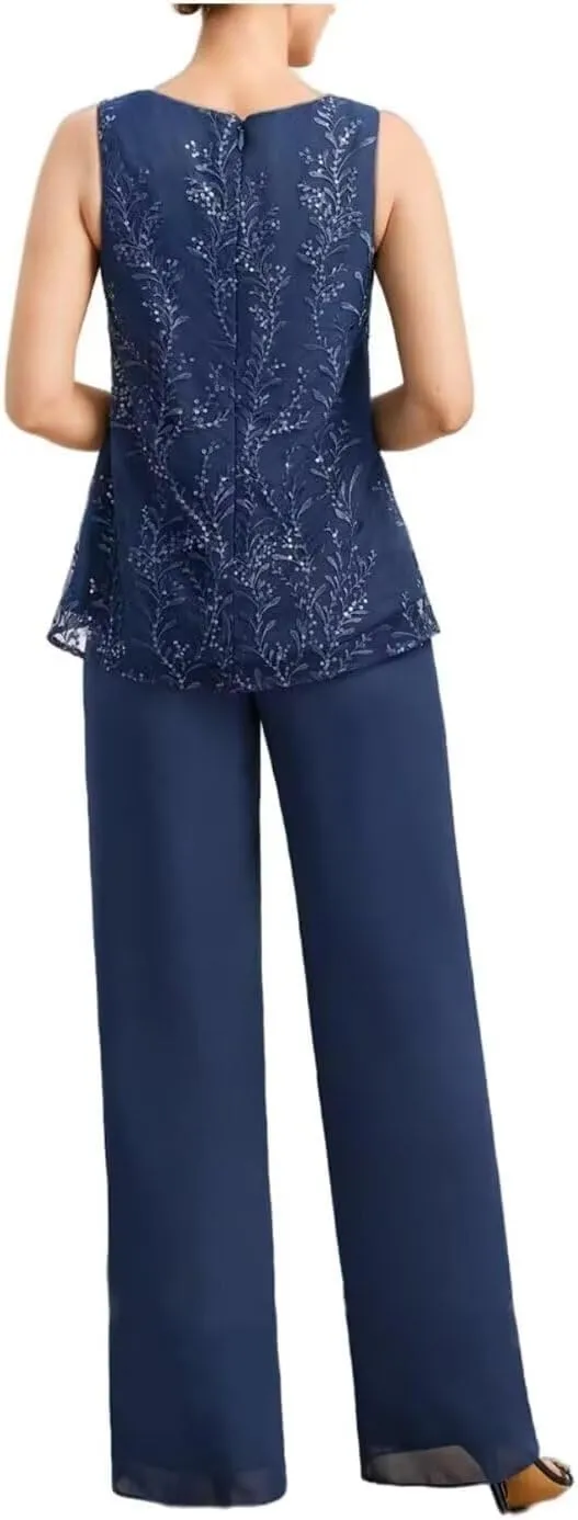 3 Pieces Mother of The Bride Pantsuits for Wedding Long Chiffon Lace Formal Outfits for Women 2024 with Jacket