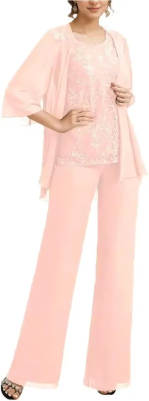 3 Pieces Mother of The Bride Pantsuits for Wedding Long Chiffon Lace Formal Outfits for Women 2024 with Jacket