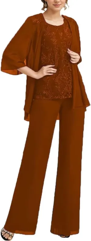 3 Pieces Mother of The Bride Pantsuits for Wedding Long Chiffon Lace Formal Outfits for Women 2024 with Jacket