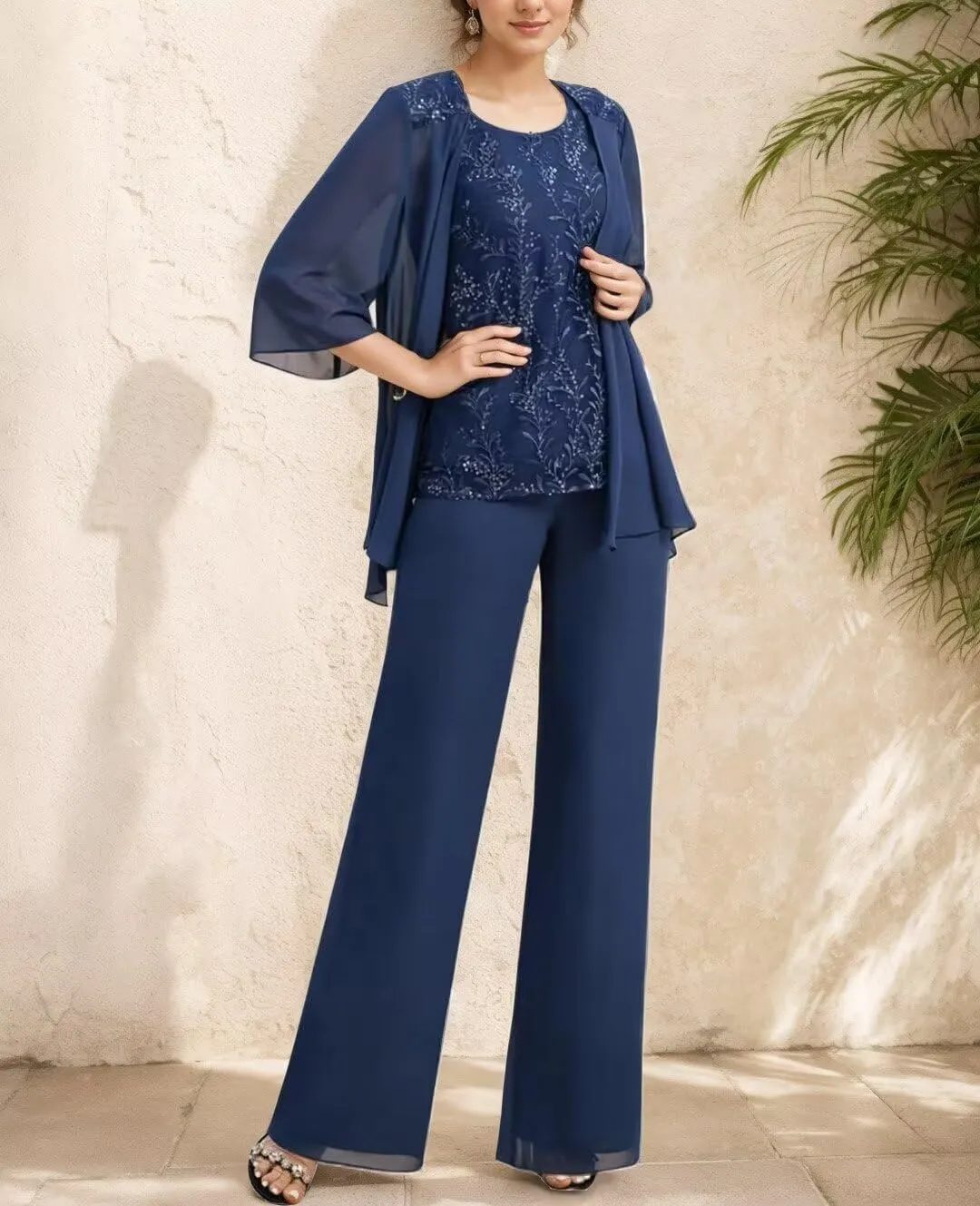 3 Pieces Mother of The Bride Pantsuits for Wedding Long Chiffon Lace Formal Outfits for Women 2024 with Jacket