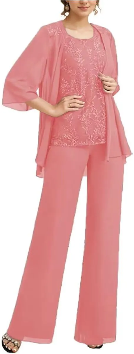 3 Pieces Mother of The Bride Pantsuits for Wedding Long Chiffon Lace Formal Outfits for Women 2024 with Jacket